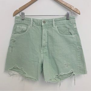 Zara High Rise raw hem distressed mint Dad Shorts Sz 6